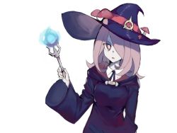 Rule 34 | 1992 (artist), 1girl, bad id, bad pixiv id, blue neckwear, breasts, collar, commentary request, expressionless, hair over one eye, hat, little witch academia, long hair, looking to the side, luna nova school uniform, magic, medium breasts, mushroom, mushroom on head, open mouth, pale skin, pink hair, red eyes, school uniform, simple background, solo, sucy manbavaran, upper body, wand, white background, white collar, wide sleeves, witch, witch hat
