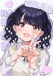 Rule 34 | 1girl, absurdres, artist request, black hair, blush, commentary request, curly hair, fangs, fukumaru koito, happy birthday, highres, idolmaster, idolmaster shiny colors, long sleeves, looking at viewer, medium hair, neck ribbon, purple eyes, ribbon, school uniform, shirt, skin fangs, solo, sweater vest, swept bangs, twintails, white shirt