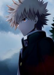 Rule 34 | 1boy, absurdres, bad id, bad pixiv id, bakugou katsuki, black coat, black hair, blonde hair, blue sky, boku no hero academia, buttons, closed mouth, cloud, cloudy sky, coat, collared coat, commentary request, eyebrows hidden by hair, from side, high collar, highres, male focus, multicolored hair, orange eyes, outdoors, short hair, sky, solo, spiked hair, sunlight, tirudo29, tree, two-tone hair, upper body