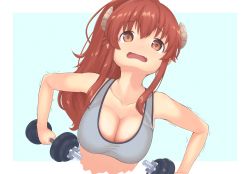 Rule 34 | 1girl, alternate hairstyle, aqua background, arms at sides, bare shoulders, bra, breasts, brown eyes, cleavage, collarbone, d:, demon girl, demon horns, dumbbells, exercising, from above, grey bra, highres, horns, large breasts, long hair, looking up, machikado mazoku, open mouth, outside border, ponytail, raised eyebrows, red hair, sidelocks, solo, sonao, sports bra, tears, trembling, underwear, underwear only, upper body, wavy mouth, weightlifting, yoshida yuuko (machikado mazoku)