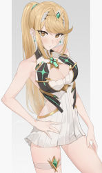 Rule 34 | 1girl, alternate hairstyle, blonde hair, breasts, chest jewel, cleavage, cleavage cutout, clothing cutout, dress, drop earrings, earrings, grey background, hand on own hip, highres, jewelry, large breasts, looking at viewer, mia cbx, mythra (xenoblade), ponytail, short dress, solo, swept bangs, thigh strap, tiara, white dress, xenoblade chronicles (series), xenoblade chronicles 2, yellow eyes