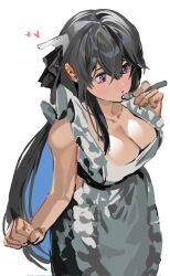 Rule 34 | 1girl, apron, bare arms, black hair, black ribbon, blue hair, breasts, cleavage, colored inner hair, corrupted twitter file, from above, hair ribbon, highres, holding, holding spoon, long hair, medium breasts, multicolored hair, parted lips, punishing: gray raven, purple eyes, ribbon, selena (punishing: gray raven), solo, spoon, very long hair, white apron, white background, yongsadragon
