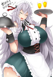 Rule 34 | 1girl, alternate costume, apron, azur lane, bare shoulders, breasts, closed eyes, cross, crossed bangs, curvy, frills, graf zeppelin (azur lane), hair between eyes, highres, huge breasts, iron cross, long hair, maid, maid apron, maid headdress, mizuyan, open mouth, puffy sleeves, silver hair, smile, solo, translation request, very long hair, waist apron, wide hips, wrist cuffs