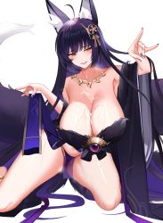 Rule 34 | 1girl, absurdres, ahoge, animal ear fluff, animal ears, armpits, ateoyh, azur lane, bikini, bikini bottom only, black hair, black kimono, blue bikini, blue hair, blue nails, blush, breasts, breath, brown eyes, cameltoe, chinese commentary, cleavage, colored inner hair, cum, cum on body, cum on breasts, cum on upper body, drooling, facial mark, feet out of frame, fox ears, fox girl, fox shadow puppet, fox tail, fur-trimmed kimono, fur trim, furrowed brow, gem, hair ornament, highres, japanese clothes, jewelry, kimono, kneeling, large breasts, legs apart, licking lips, lips, long hair, looking at viewer, magatama, magatama necklace, multicolored hair, musashi (azur lane), nail polish, necklace, parted lips, pelvic curtain, purple gemstone, saliva, see-through, short kimono, simple background, smile, solo, steaming body, straight hair, sweat, swimsuit, tail, thighs, tongue, tongue out, very long hair, whisker markings, white background