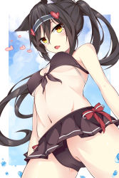 Rule 34 | 1girl, ahri (league of legends), ai cao, animal ears, bikini, bikini skirt, blue sky, blush, bow, breasts, brown bikini, brown eyes, brown hair, cameltoe, cloud, cloudy sky, commentary request, covered erect nipples, day, facial mark, fox ears, from below, grey hairband, hairband, heart, highres, league of legends, long hair, looking at viewer, looking down, medium breasts, navel, ponytail, red bow, sky, solo, swimsuit, very long hair, water drop, whisker markings