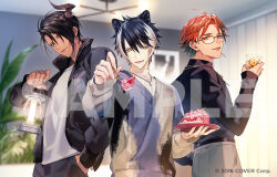 Rule 34 | 3boys, :d, ahoge, animal ears, aragami oga, belt, black belt, black hair, black jacket, black pants, black shirt, black sweater, blurry, blurry background, cake, cake slice, ceiling light, chain necklace, closed mouth, copyright notice, cowboy shot, cup, curtained hair, dark-skinned male, dark skin, demon horns, drink, drinking glass, earrings, fangs, fingernails, food, fork, fruit, green eyes, grey pants, grey sweater, hair between eyes, hair over one eye, hand in pocket, hand on own hip, heterochromia, holding, holding cup, holding fork, holding lantern, holding plate, holostars, horns, ice, ice cube, incoming food, indoors, jackal boy, jackal ears, jacket, jewelry, kageyama shien, lantern, long sleeves, looking at viewer, looking to the side, male focus, manomenou, mismatched earrings, multicolored clothes, multicolored hair, multicolored sweater, multiple boys, necklace, official art, open clothes, open jacket, open mouth, orange eyes, orange hair, pants, parted bangs, parted lips, plant, plate, purple eyes, purple sweater, sample watermark, sharp fingernails, shirt, short hair, single horn, sleeves past wrists, smile, strawberry, streaked hair, sweater, swept bangs, t-shirt, teeth, turtleneck, two-tone hair, upper teeth only, v-neck, virtual youtuber, watermark, whipped cream, white hair, white shirt, yellow eyes, yukoku roberu