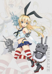 Rule 34 | 1girl, anchor hair ornament, animal ears, black hairband, black neckerchief, black panties, blonde hair, blue sailor collar, blue skirt, buttons, character name, commentary request, crop top, elbow gloves, fake animal ears, full body, gloves, grey eyes, hair ornament, hairband, highleg, highleg panties, highres, kantai collection, long hair, microskirt, miniskirt, neckerchief, panties, pleated skirt, rabbit ears, rensouhou-chan, sailor collar, shimakaze (kancolle), skirt, striped clothes, striped thighhighs, thighhighs, triangle mouth, underwear, white gloves, yashin (yasinz), zoom layer