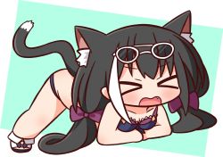 Rule 34 | &gt; &lt;, 1girl, animal ear fluff, animal ears, bare arms, bare shoulders, bikini, black bikini, black hair, blush, bow, breasts, cat ears, cat girl, cat tail, chibi, cleavage, closed eyes, collarbone, eyewear on head, facing viewer, fang, full body, green background, hair bow, hana kazari, highres, jack-o&#039; challenge, karyl (princess connect!), karyl (summer) (princess connect!), long hair, low twintails, multicolored hair, open mouth, princess connect!, purple bow, small breasts, solo, streaked hair, sunglasses, swimsuit, tail, tail raised, top-down bottom-up, twintails, two-tone background, very long hair, wavy mouth, white-framed eyewear, white background, white footwear, white hair