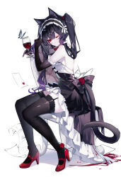 Rule 34 | 1girl, ;), alcohol, animal ears, artist name, bare shoulders, black dress, black gloves, black hair, black hairband, blood, bug, butterfly, cat ears, cat tail, commentary, cup, dress, drinking glass, elbow gloves, flower, full body, garter straps, gloves, hairband, high heels, highres, holding, holding cup, insect, long hair, one eye closed, original, petticoat, red eyes, red flower, red footwear, red rose, revision, rose, sheya, short dress, signature, simple background, sitting, smile, solo, tail, thighhighs, thighs, twintails, white background, wine, wine glass, zettai ryouiki
