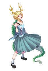 Rule 34 | 1girl, :o, antlers, arm up, black footwear, blonde hair, blue ribbon, blue shirt, blue skirt, breasts, commentary request, cross-laced clothes, dragon girl, dragon horns, dragon tail, eyelashes, fingernails, full body, green skirt, highres, horns, kicchou yachie, lips, looking at viewer, mary janes, pleated skirt, puffy short sleeves, puffy sleeves, re (re 09), red eyes, ribbon, scales, shirt, shoes, short hair, short sleeves, sidelocks, simple background, skirt, slit pupils, small breasts, smile, socks, solo, standing, tail, teeth, tongue, touhou, turtle shell, upper teeth only, white background, white socks, wide sleeves