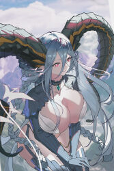 Rule 34 | 1girl, absurdres, blue choker, blue hair, braid, breasts, chinese commentary, choker, cleavage, closed mouth, cloud, cloudy sky, commentary request, curled horns, fate/grand order, fate (series), gem, gloves, green gemstone, green horns, hair between eyes, highres, horns, huge breasts, large horns, long horns, pointy ears, red eyes, shrug (clothing), sky, smile, solo, striped clothes, striped gloves, symbol-shaped pupils, tiamat (fate), twin braids, twintails, vertical-striped clothes, vertical-striped gloves, x-shaped pupils, x x, xinlingjitang