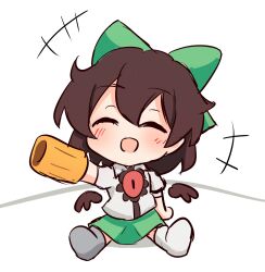 Rule 34 | +++, :d, arm cannon, blush, bow, brown hair, chibi, commentary request, detached wings, ferdy&#039;s lab, green bow, hair bow, happy, highres, open mouth, reiuji utsuho, short hair, sitting, smile, touhou, weapon, wings