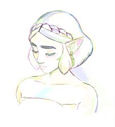 Rule 34 | 1girl, bare shoulders, braid, closed eyes, collarbone, commentary, earrings, english commentary, highres, jewelry, limited palette, nintendo, pointy ears, portrait, princess zelda, solo, the legend of zelda, the legend of zelda: tears of the kingdom, thereinart, thick eyebrows