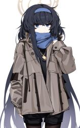 Rule 34 | 1girl, absurdres, bags under eyes, black hair, black pantyhose, black sweater, blue archive, blue eyes, blue hairband, blue scarf, brown coat, casul, coat, cowboy shot, crossed bangs, hairband, halo, hand up, highres, jacket, jewelry, long hair, long sleeves, open clothes, open jacket, pantyhose, pendant, raised eyebrows, scarf, short shorts, shorts, sideways mouth, simple background, sleeves past wrists, solo, sweater, ui (blue archive), very long hair, white background, winter clothes, winter coat, zipper