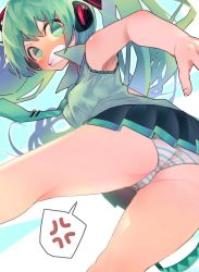 Rule 34 | 1girl, anger vein, armpits, ass, blush, clenched teeth, from below, green eyes, green hair, hatsune miku, long hair, necktie, panties, pleated skirt, siwasunohige, skirt, sleeveless, solo, spoken anger vein, striped clothes, striped panties, tears, teeth, twintails, underwear, vocaloid