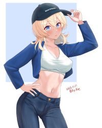 Rule 34 | 1girl, alternate costume, ame-san, blonde hair, blue eyes, blush, breasts, crop top, denim, hair between eyes, hat, highres, jeans, kantai collection, large breasts, looking at viewer, medium hair, midriff, navel, pants, peaked cap, simple background, stomach, tuscaloosa (kancolle), white background