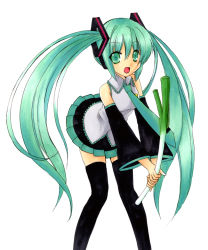 Rule 34 | 1girl, aqua eyes, aqua hair, bad id, bad pixiv id, detached sleeves, hatsune miku, long hair, necktie, open mouth, oumi neneha, skirt, solo, spring onion, thighhighs, traditional media, twintails, very long hair, vocaloid