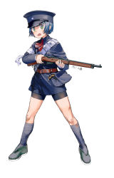 Rule 34 | 1girl, :o, absurdres, ammunition, ammunition belt, ammunition pouch, bandages, belt, bike shorts, black footwear, blue hair, blue headwear, blue legwear, chinese army, full body, gewehr 88, green eyes, gun, highres, holding, holding gun, holding weapon, long sleeves, looking at viewer, military, open mouth, original, pouch, shoes, short hair, simple background, weapon, white background, zhongye yu