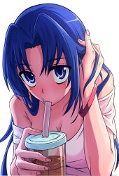 Rule 34 | 1girl, :&gt;=, blue eyes, blue hair, breasts, cleavage, commentary, cup, tucking hair, highres, holding, holding cup, kawashima ami, long hair, looking at viewer, off-shoulder shirt, off shoulder, royl, shirt, short sleeves, simple background, solo, toradora!, upper body, white background, white shirt, wristband