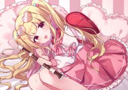Rule 34 | 1girl, backpack, bag, beads, dress, elf, eyewear on head, flute, hair beads, hair ornament, heart, heart-shaped eyewear, highres, holding, holding instrument, indie virtual youtuber, instrument, long hair, long sleeves, looking at viewer, lying, misuzu kami, moshihimechan, on side, open mouth, pillow, pink dress, pink eyes, pointy ears, second-party source, smile, solo, sunglasses, twintails, virtual youtuber