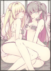 Rule 34 | 2girls, ass, bad id, bad pixiv id, bikini, black bikini, black hair, blonde hair, blush, cable, cameltoe, choker, cleft of venus, copyright request, green eyes, long hair, maid, maid headdress, multiple girls, one eye closed, open mouth, panties, red eyes, sex toy, shokuyou mogura, sketch, string, string of fate, swimsuit, tongue, tongue out, underwear, underwear only, vibrator