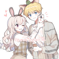 Rule 34 | 1boy, 1girl, animal ears, black hairband, blonde hair, blue eyes, blush stickers, brown hair, brown vest, carrot hair ornament, cellphone, closed mouth, collared shirt, commission, dress shirt, fake animal ears, food, food-themed hair ornament, grey jacket, hair ornament, hairband, hand on another&#039;s shoulder, heart, holding, holding food, holding phone, ice cream, ice cream cone, jacket, long hair, long sleeves, moffle (ayabi), one eye closed, open clothes, open jacket, original, parted lips, phone, rabbit ears, shirt, simple background, smile, soft serve, taking picture, very long hair, vest, white background, white shirt