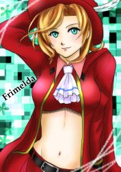 Rule 34 | 1girl, ascot, belt, character name, feathers, final fantasy, final fantasy tactics a2, final fantasy tactics advance, frimelda lotice, green eyes, hat, jacket, midriff, red mage (final fantasy), short hair, solo, worst-godfather