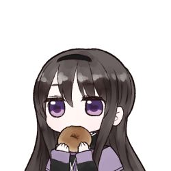 10s 1girl akemi_homura akemi_homura_(magical_girl) black_hair chibi eating fc_(efushii) female_focus hairband long_hair lowres magical_girl mahou_shoujo_madoka_magica mahou_shoujo_madoka_magica_(anime) purple_eyes simple_background solo white_background