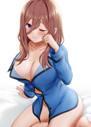 Rule 34 | 1girl, absurdres, barefoot, blue eyes, blue pajamas, blush, bottomless, breasts, brown hair, cleavage, closed mouth, collarbone, go-toubun no hanayome, hair between eyes, highres, large breasts, lips, long hair, long sleeves, looking at viewer, miel (lessontome), nakano miku, one eye closed, pajamas, sitting, solo, tears