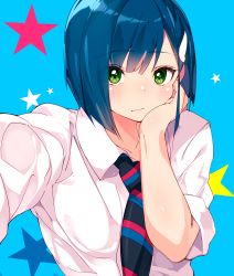 Rule 34 | 1girl, black necktie, blue background, closed mouth, darling in the franxx, eyes visible through hair, green eyes, hair ornament, hairclip, highres, ichigo (darling in the franxx), looking at viewer, necktie, reaching, reaching towards viewer, selfie, shirt, short hair, short sleeves, sia namsbinpeni, solo, star (symbol), starry background, striped necktie, striped neckwear, white shirt