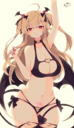 Rule 34 | 1girl, :o, arm up, bare shoulders, black bra, black panties, black thighhighs, blonde hair, blush, bra, breasts, choker, cleavage, collarbone, covered erect nipples, cowboy shot, demon girl, groin, hair between eyes, hair ornament, hair ribbon, hand up, head tilt, heart, heart choker, heart hair ornament, heart tattoo, highres, large breasts, long hair, looking at viewer, multi-strapped panties, muuran, nail polish, navel, original, panties, pink eyes, pink nails, pubic tattoo, revealing clothes, ribbon, sidelocks, signature, simple background, solo, stomach, tail, tattoo, thighhighs, two side up, underwear, very long hair