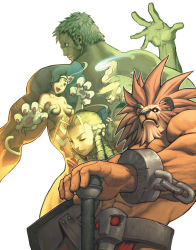 Rule 34 | 1990s (style), 2girls, 3boys, :d, animal hands, arnold tsang, beard, blonde hair, capcom, capcom fighting jam, chain, claws, closed eyes, colored skin, crossover, cuffs, curly hair, drill hair, facial hair, felicia (vampire), from behind, giant, gloves, green hair, green skin, guile, hammer, kanzuki karin, leo (warzard), looking at viewer, multiple boys, multiple girls, muscular, official art, open mouth, paw gloves, punching, retro artstyle, shackles, shockwave, short hair, simple background, smile, sonic boom (sound), standing, street fighter, street fighter iii (series), street fighter zero (series), topless, udon entertainment, urien, vampire (game), very short hair, warzard, white background, yellow eyes