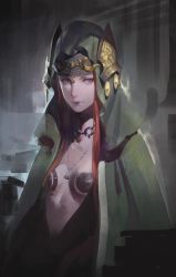 Rule 34 | 1girl, breasts, brown hair, choker, closed mouth, cressida obdilord, highres, hood, jewelry, lipstick, long hair, looking at viewer, makeup, navel, necklace, open clothes, open robe, purple eyes, robe, shuichi wada, solo, tactics ogre