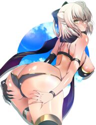 Rule 34 | 1girl, ass, bare shoulders, bikini, black bikini, black scarf, blonde hair, breasts, breasts out, butt crack, expressionless, fate/grand order, fate (series), from behind, gloves, huge ass, large breasts, looking at viewer, looking back, okita j. souji (fate), okita souji (fate), okita souji (koha-ace), scarf, short hair, swimsuit, tagme, yahoo0124, yellow eyes