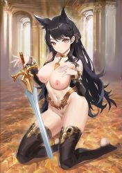 Rule 34 | 1girl, alternate costume, animal ears, areola slip, ass, atago (azur lane), azur lane, bad id, bad pixiv id, bare shoulders, black hair, black thighhighs, breasts, chinese commentary, choker, closed mouth, collarbone, detached sleeves, female pubic hair, full body, hand on own chest, holding, holding sword, holding weapon, jewelry, kneeling, large breasts, long hair, mole, mole under eye, navel, nipples, pubic hair, revealing clothes, shaobao (sdhx3728), sidelocks, smile, solo, stirrup legwear, stomach, swept bangs, sword, thighhighs, thighs, toeless legwear, very long hair, warrior, weapon, wolf ears, yellow eyes