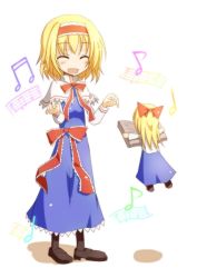 Rule 34 | 1girl, ^ ^, alice margatroid, blonde hair, book, bow, capelet, closed eyes, closed eyes, female focus, hair bow, hairband, mashayuki, musical note, open mouth, pantyhose, ribbon, shanghai doll, short hair, skirt, smile, solo, touhou