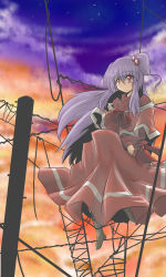 Rule 34 | 1girl, bad id, bad pixiv id, boots, bow, capelet, female focus, goma (gomasamune), hair bobbles, hair ornament, highres, light purple hair, long hair, mystic square, power lines, red eyes, shinki (touhou), side ponytail, sitting, sky, solo, sunset, touhou, touhou (pc-98), utility pole, very long hair, wire