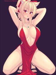 Rule 34 | 1girl, alternate costume, animal ear fluff, animal ears, armpits, arms up, artist name, black footwear, blonde hair, blush, breasts, chestnut mouth, collarbone, commentary, dress, english commentary, groin, hair between eyes, high heels, highres, jewelry, large breasts, long hair, looking at viewer, necklace, nottytiffy, original, ponytail, purple background, red dress, red eyes, simple background, sleeveless, sleeveless dress, solo, spread legs, squatting, thighs, tiffy (nottytiffy), toes