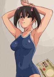 Rule 34 | 1girl, armpits, arms behind head, arms up, black eyes, black hair, breasts, covered navel, covered erect nipples, money, one-piece swimsuit, prostitution, short hair, solo, standing, swimsuit, tomoshiki, twintails