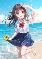 Rule 34 | 1girl, :d, barefoot, beach, blue skirt, blue sky, blush, bow, bowtie, breasts, brown eyes, brown hair, cloud, collared shirt, day, floating hair, flower, hair between eyes, hair ornament, hairclip, hand up, highres, holding, holding flower, long hair, looking at viewer, medium breasts, morikura en, ocean, open mouth, original, outdoors, pleated skirt, red bow, red bowtie, sand, school uniform, shirt, sidelocks, skirt, sky, smile, solo, splashing, standing, sunflower, tareme, water drop, white shirt