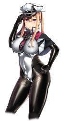 Rule 34 | 1girl, absurdres, adapted costume, blonde hair, blush, bodysuit, breasts, covered erect nipples, cowboy shot, cross, gloves, graf zeppelin (kancolle), hair between eyes, hand on own hip, hat, hiememiko, high collar, highres, huge breasts, iron cross, kantai collection, latex, latex gloves, latex legwear, long hair, military, military uniform, necktie, nipples, peaked cap, simple background, skin tight, standing, twintails, uniform, v-shaped eyebrows, white background