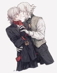 Rule 34 | 2boys, antonio salieri (fate), antonio salieri (second ascension) (fate), arm around waist, artist name, ascot, black gloves, black jacket, black pants, closed eyes, closed mouth, collared shirt, cropped legs, edmond dantes (fate), fate/grand order, fate (series), formal, gloves, grey vest, half updo, highres, holding hands, imminent kiss, jacket, lapels, long sleeves, male focus, medallion, multiple boys, notched lapels, pale skin, pants, pinstripe jacket, pinstripe pants, pinstripe pattern, pinstripe suit, red ascot, shiroki1020556, shirt, short hair, signature, simple background, striped clothes, striped jacket, striped pants, striped suit, suit, vertical-striped clothes, vertical-striped jacket, vertical-striped pants, vest, white gloves, white shirt, wing collar, yaoi