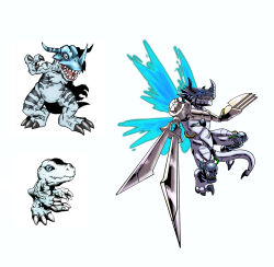 blue_eyes claws colored_skin digimon digimon_(creature) greymon looking_at_viewer metalgreymon oridigi original sharp_teeth tail teeth white_skin wings yukiagumon