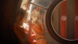 Rule 34 | 1girl, blonde hair, breasts, chainsaw man, cleavage, cross-shaped pupils, demon girl, demon horns, horns, indoors, long hair, medium breasts, power (chainsaw man), red horns, red shirt, red skirt, reflection, shirt, skirt, solo, symbol-shaped pupils, window, yao liao wang