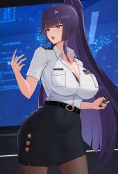 Rule 34 | 1girl, absurdres, breasts, cleavage, commission, hair ornament, highres, large breasts, long hair, military, military uniform, mole, mole under eye, office, open mouth, pantyhose, pencil skirt, pixiv commission, purple hair, red eyes, skirt, solo, tatakau ataisuru, tattoo, thighs, ultra-13, uniform, variant set, yamaguchi ryouko
