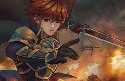 Rule 34 | 1boy, armor, blue armor, blue eyes, cape, eliwood (fire emblem), fire emblem, fire emblem: the blazing blade, fire emblem heroes, frown, gloves, holding, holding sword, holding weapon, kaejunni, male focus, nintendo, pauldrons, red hair, shoulder armor, signature, solo, sword, weapon
