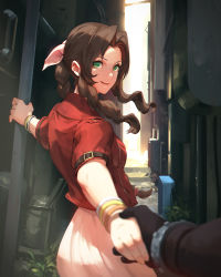 Rule 34 | 1boy, 1girl, aerith gainsborough, alley, belt, bracelet, braid, brown gloves, brown hair, cloud strife, cowboy shot, cropped jacket, final fantasy, final fantasy vii, final fantasy vii remake, gloves, green eyes, highres, holding, holding hands, jacket, jewelry, jiro (ninetysix), lips, long hair, looking at viewer, midgar, out of frame, outstretched arm, outstretched hand, parted lips, ponytail, pov, red jacket, revision, single braid, smile, square enix