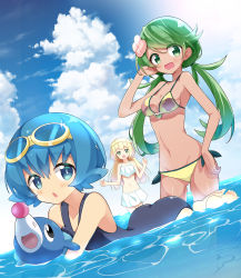Rule 34 | 3girls, absurdres, alternate costume, armpits, ass, barefoot, bikini, bikini skirt, blonde hair, blue eyes, blue hair, blue one-piece swimsuit, breast press, breasts, cleavage, cloud, cloudy sky, commentary request, creatures (company), day, dutch angle, flower, game freak, gen 7 pokemon, green eyes, green hair, groin, hair flower, hair ornament, halterneck, highres, lana (pokemon), lillie (pokemon), looking at viewer, mallow (pokemon), medium breasts, midriff, multiple girls, nanakusa (user rnpt7322), navel, nintendo, ocean, one-piece swimsuit, outdoors, partially submerged, pokemon, pokemon (creature), pokemon sm, popplio, short hair, sky, small breasts, standing, stomach, swimming, swimsuit, twintails, water, white bikini, yellow bikini