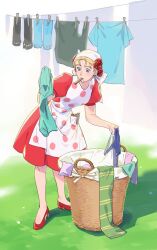 Rule 34 | 1girl, apron, battle tendency, blonde hair, blue eyes, clothes pin, clothesline, dress, fingerless gloves, gloves, green scarf, hakmonss, jojo no kimyou na bouken, laundry basket, mouth hold, one-piece thong, polka dot, polka dot apron, red dress, scarf, solo, striped clothes, striped scarf, suzi q, two-tone scarf, unworn gloves