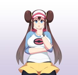 Rule 34 | 1girl, absurdres, arm under breasts, armpit crease, black pantyhose, blue eyes, blue shirt, blush, breasts, brown hair, commentary, cowboy shot, creatures (company), double bun, doughnut hair bun, eyelashes, game freak, gradient background, hair between eyes, hair bun, hand up, hat, highres, impossible clothes, large breasts, looking at viewer, medium breasts, nintendo, notkadraw, open mouth, pantyhose, pantyhose under shorts, pink hat, pokemon, pokemon bw2, pokemon masters ex, purple background, rosa (pokemon), shadow, shirt, short shorts, shorts, sidelocks, solo, symbol-only commentary, twintails, two-tone shirt, visor cap, watch, white hat, white shirt, wristwatch, yellow shorts